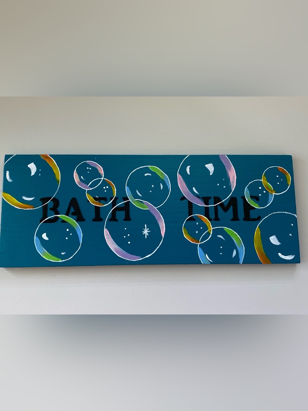 Original Art  hand painted Bath Time teal bubble wooden plaque